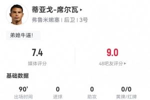 宝刀不老!40岁蒂亚戈-席尔瓦踢满全场:8解围2拦截3抢断 获7.4分