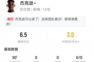 杰克逊本场数据:替补2射0正+1失良机1中框 6对抗3成功 获评6.5分