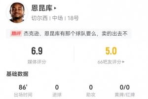 卖得出去吗?恩昆库本场3射1正1失良机 10对抗5成功+1关键传球